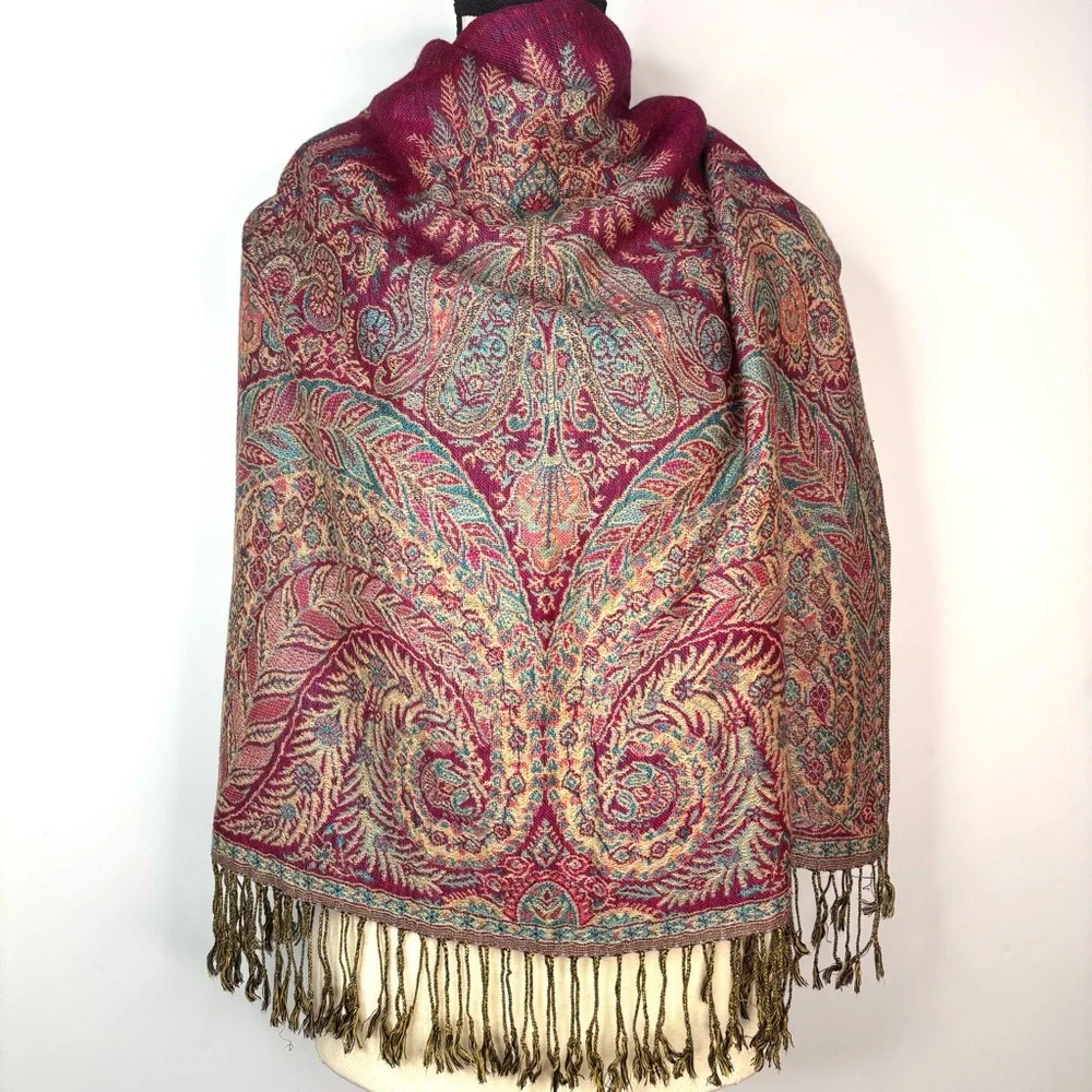 Pashmina Paisley Fuchsia Pink Teal Blue Jewel Tone Boho Silk Blend Scarf Wrap OS